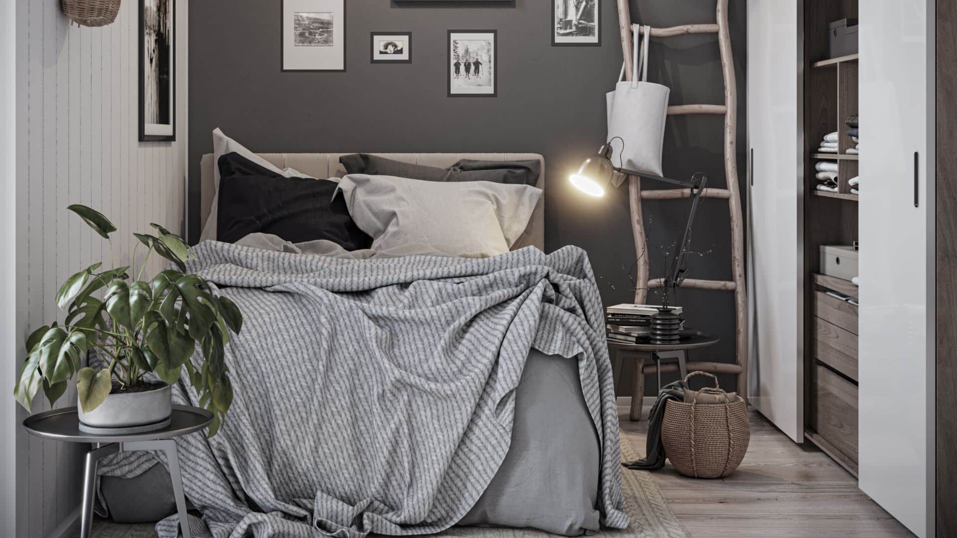 Fjällstuga sovrum med dubbelsäng