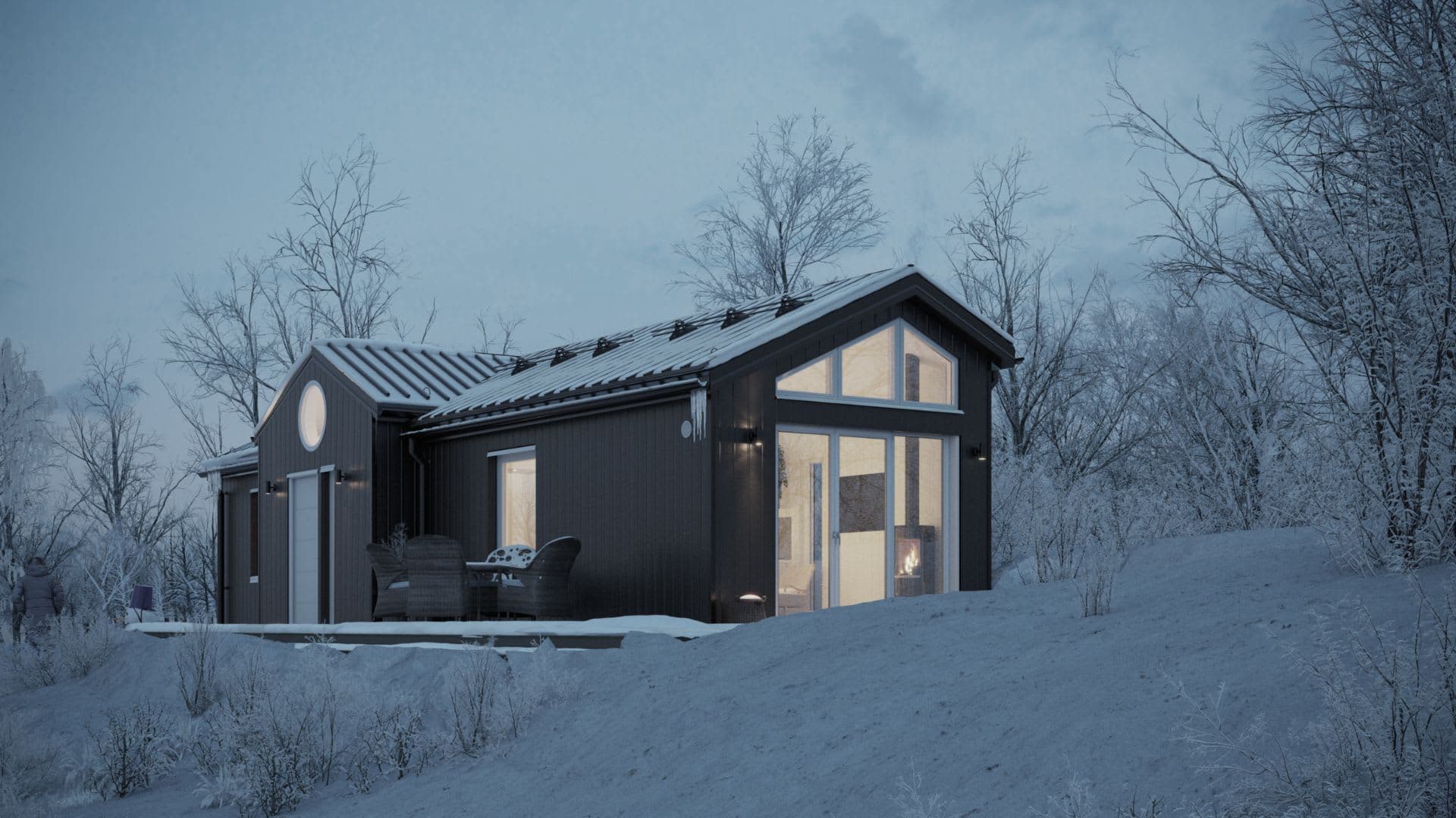 Fjällstuga exteriör vinterlandskap snö