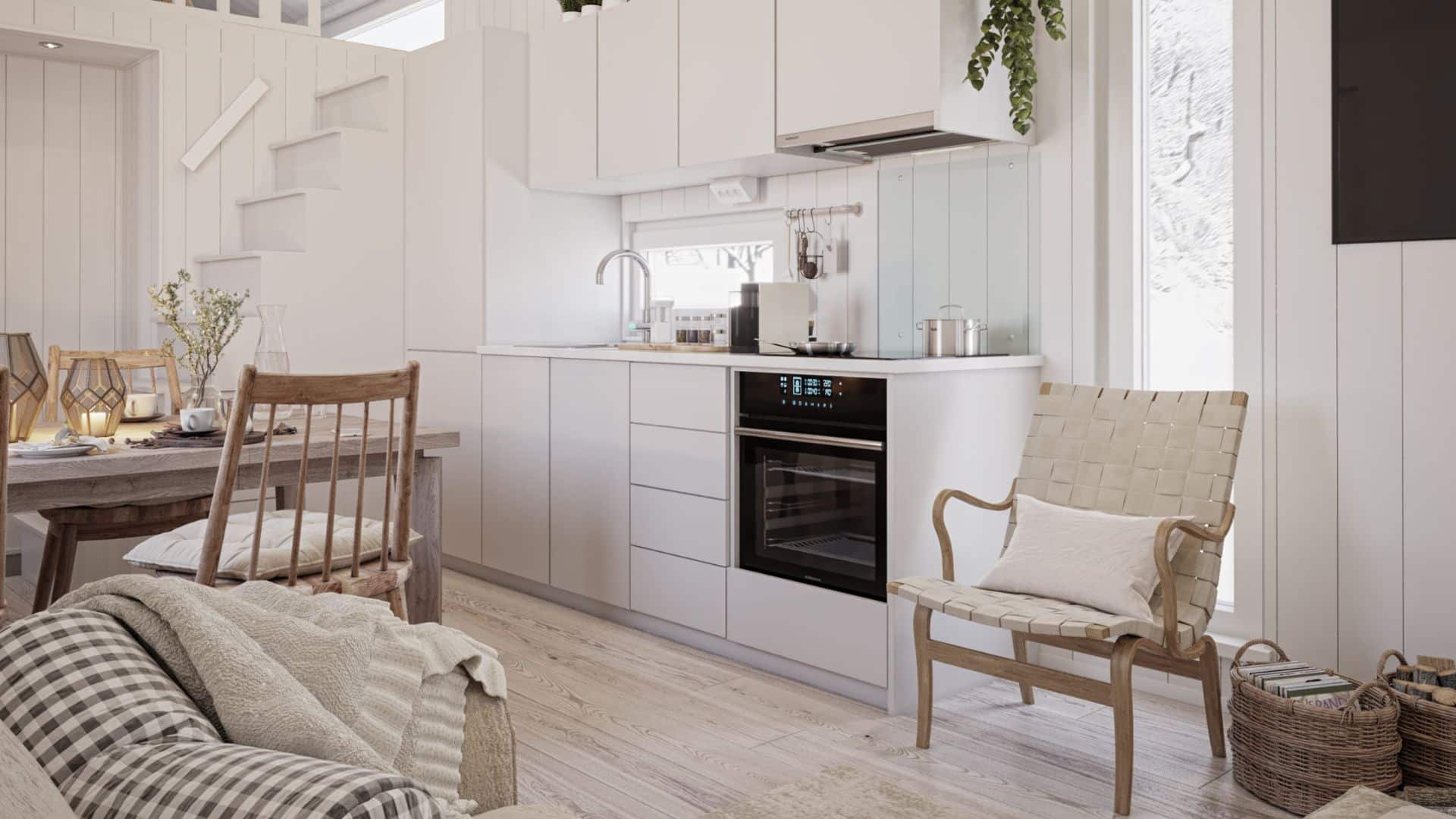 Fritidshus vardagsrum med kök