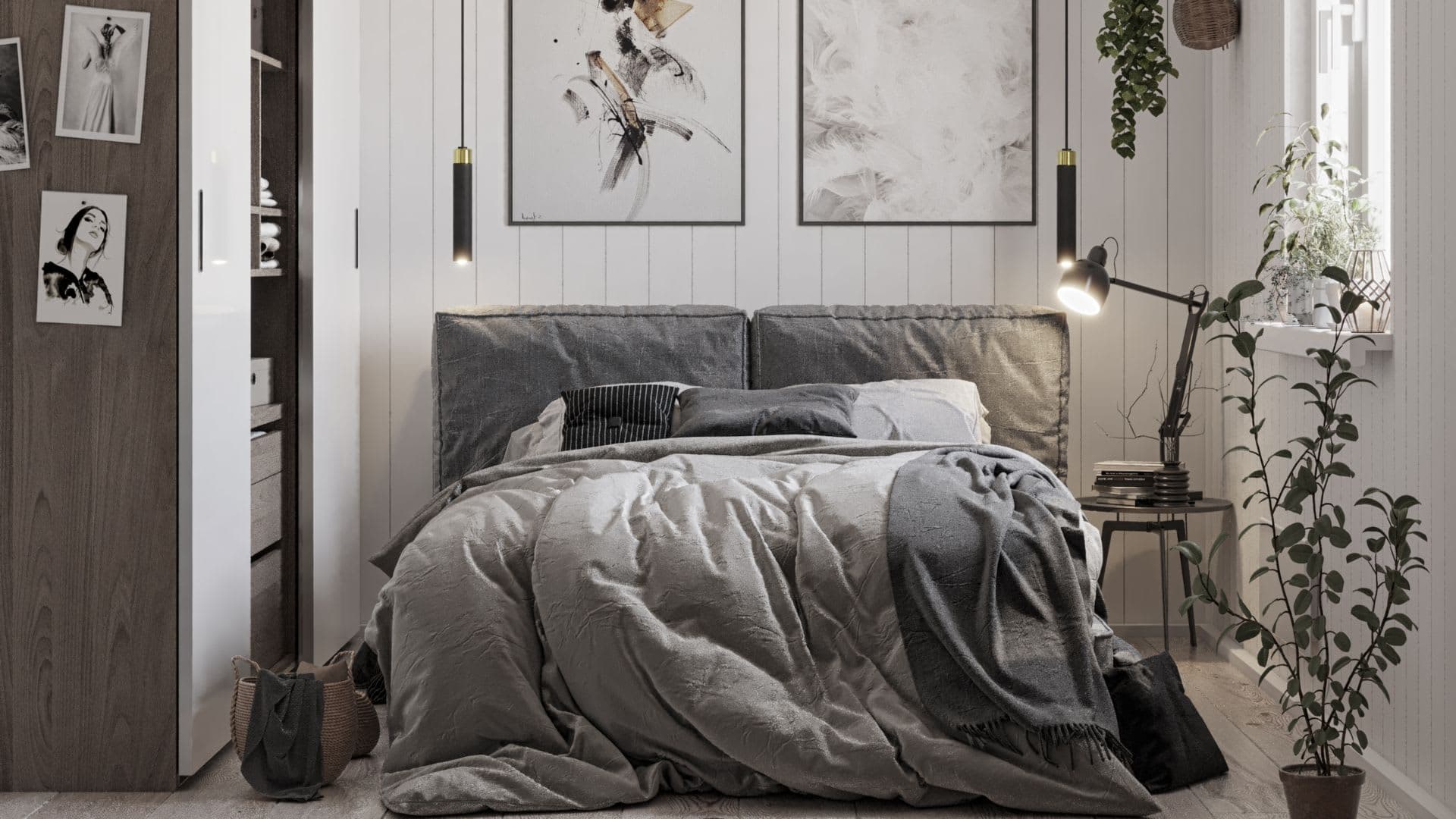 Modernt fritidshus sovrum med dubbelsäng