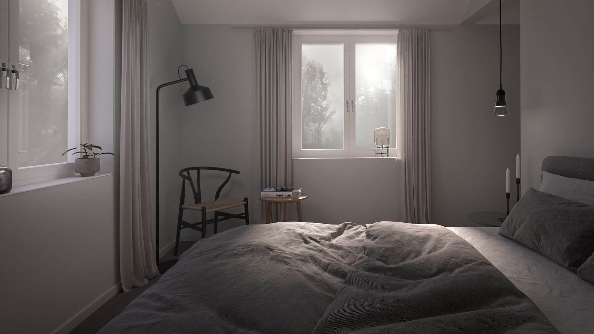 Fritidshus sovrum dubbelsäng och lampa