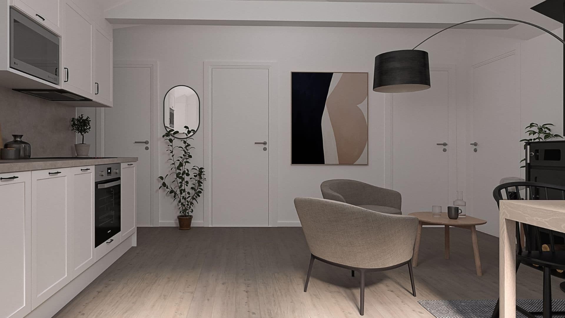 Fritidshus vardagsrum kök och stolar