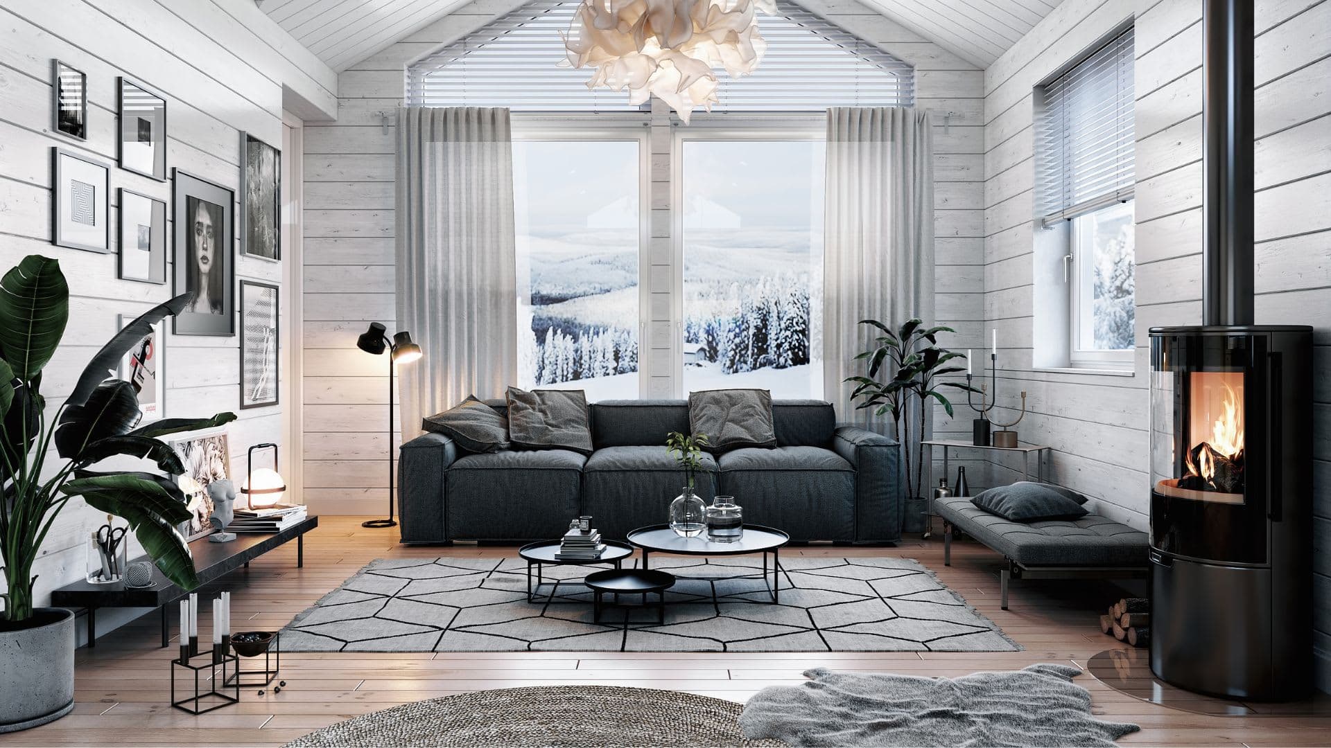 Fjällstuga vardagsrum med kabin, soffa och fönster