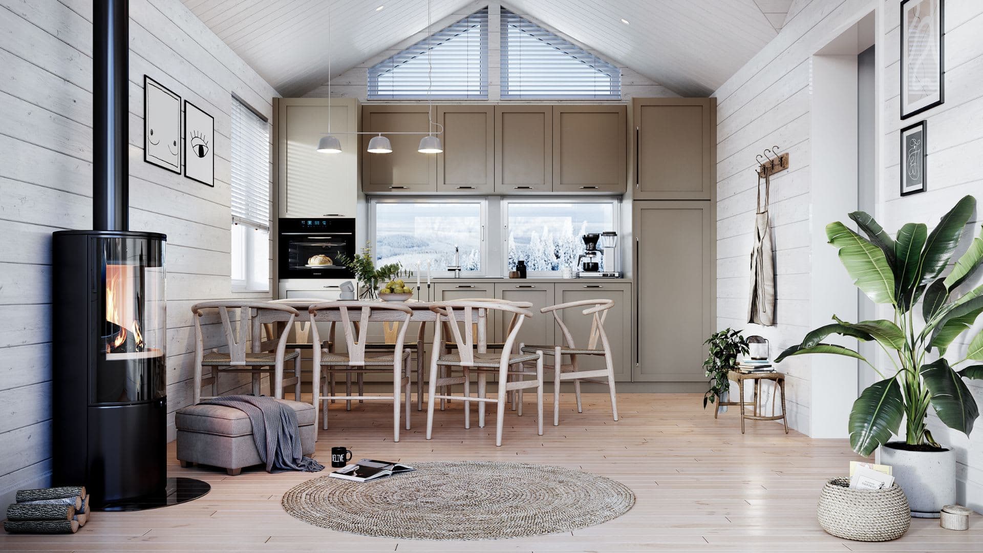 Fjällstuga allrum med kabin köksbord kök