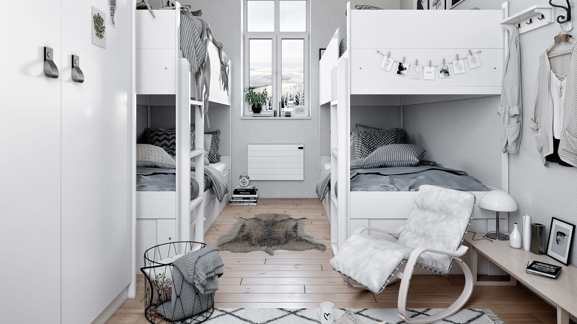 Fjällstuga sovrum med loftsängar