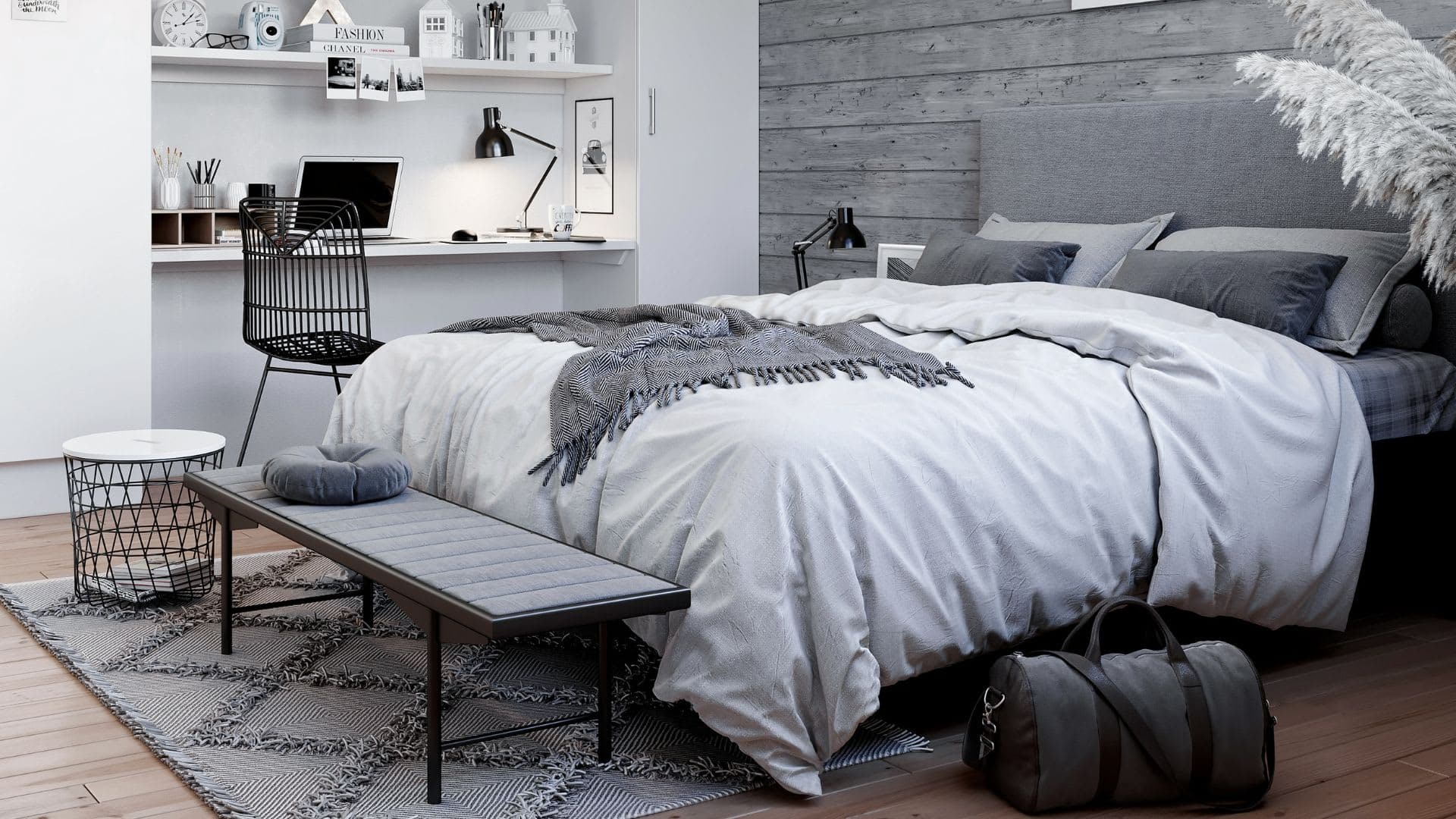 Fjällstuga sovrum med dubbelsäng och skrivbord