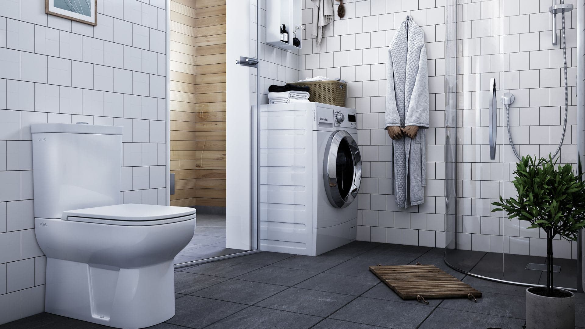 Fjällstuga toalett med tvättmaskin och bastu