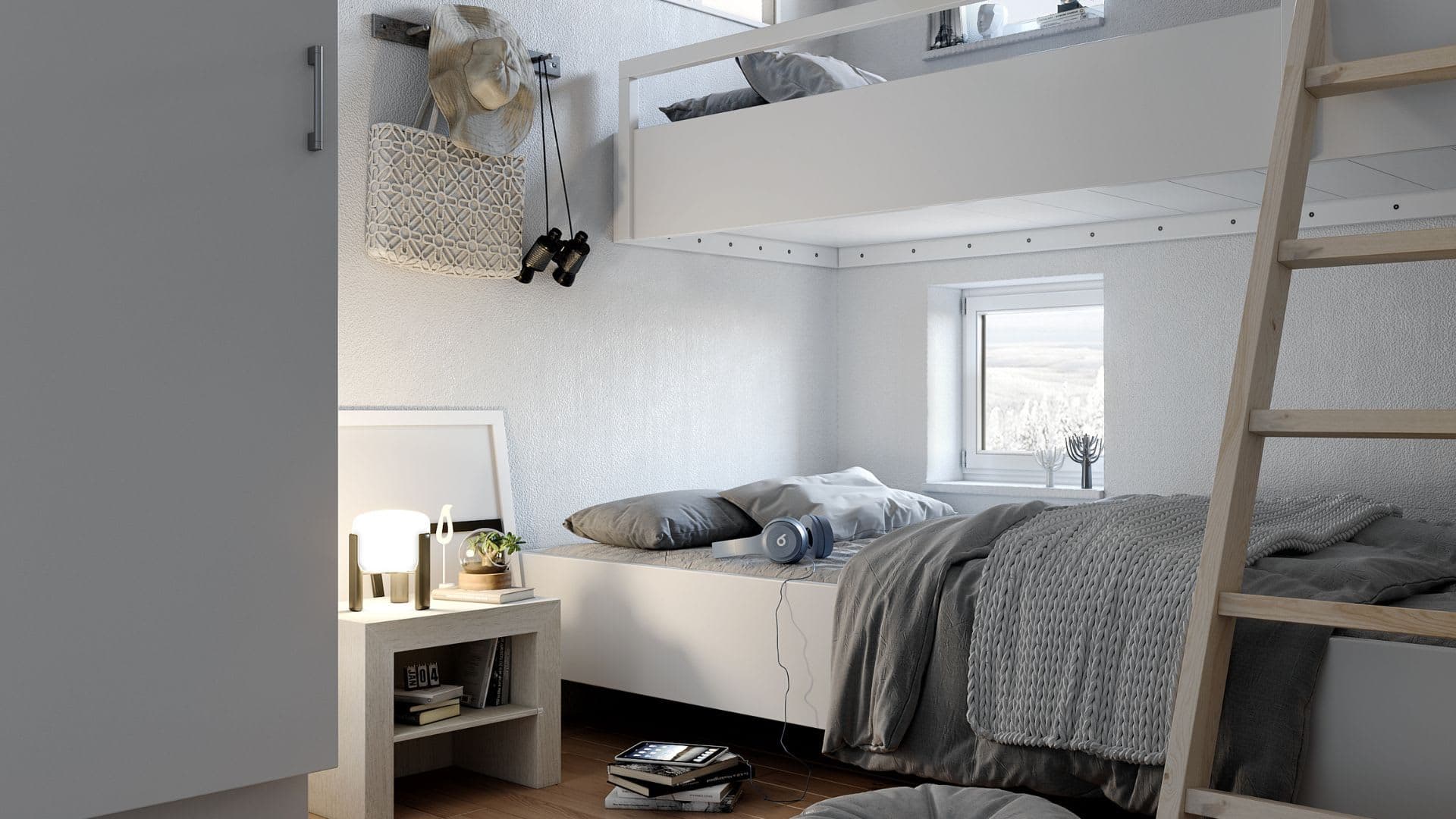 Fjällstuga sovrum med loftsäng och stege