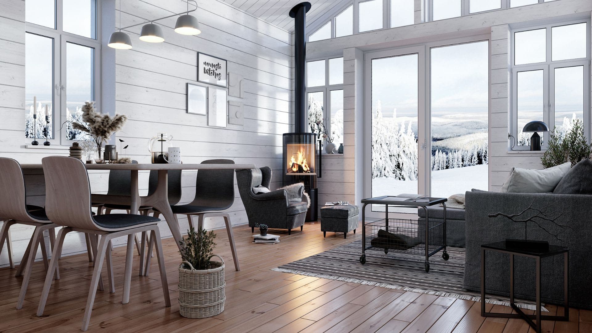 Fjällstuga vardagsrum med kabin, soffa och köksbord