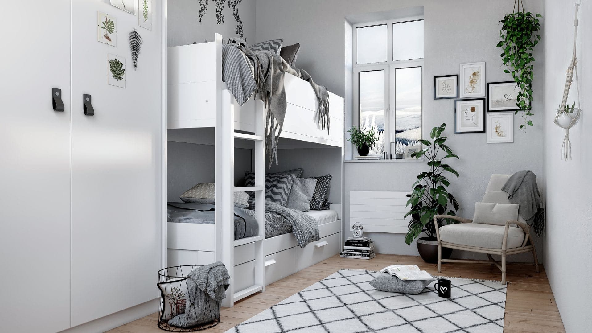 Fjällstuga sovrum med loftsäng, stege och stol