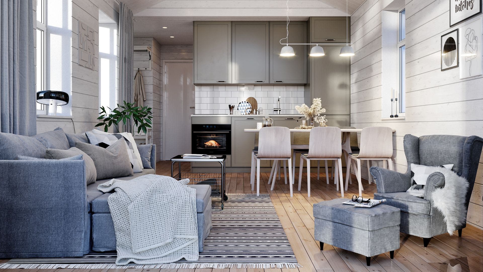 Fjällstuga allrum med kabin, soffa och kök