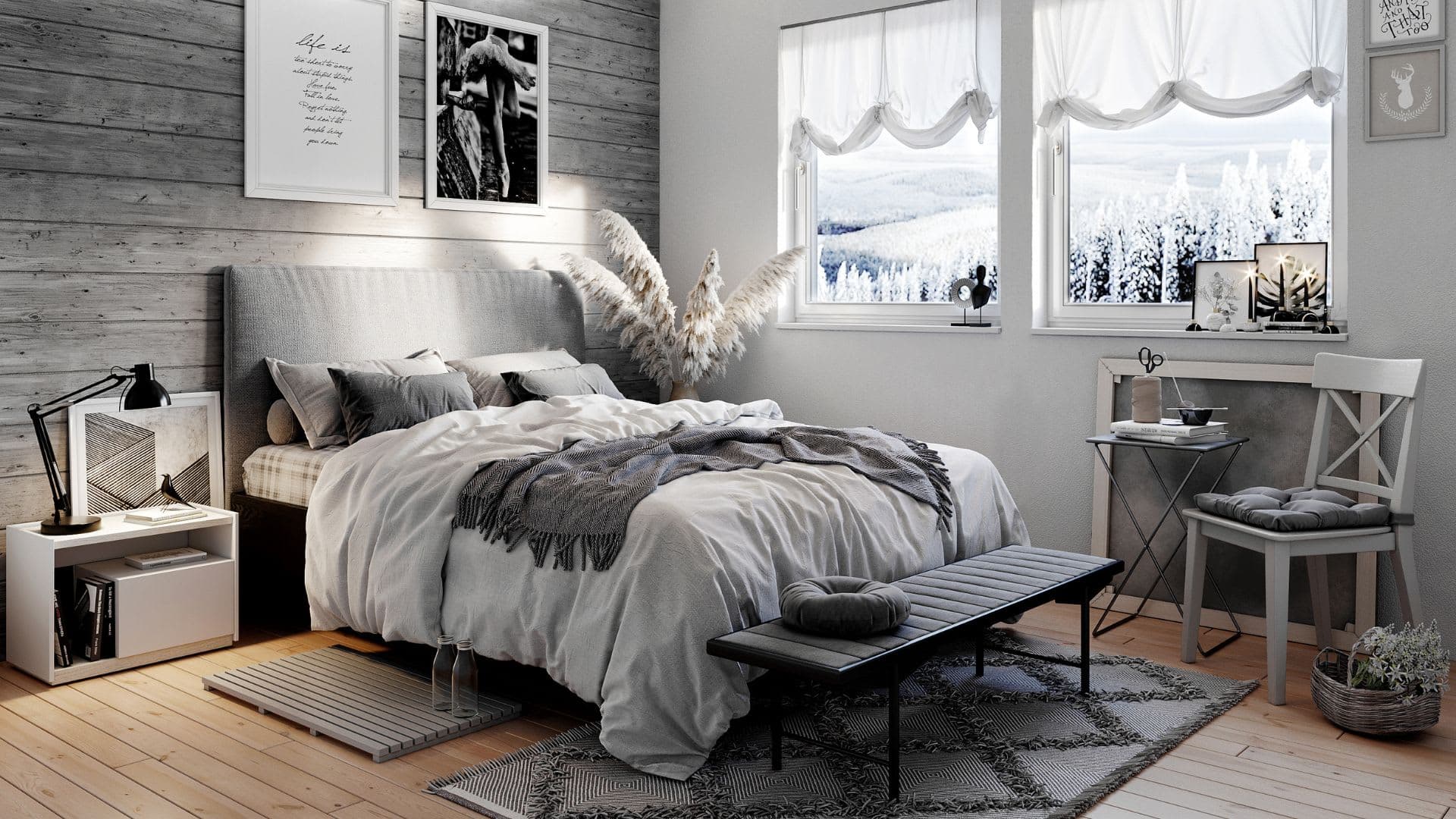 Fjällstuga sovrum med dubbelsäng och skrivbord