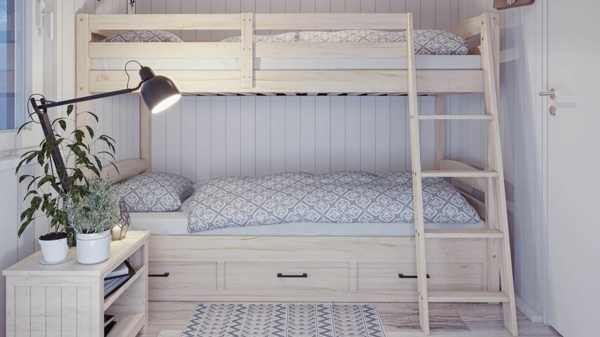 Fjällstuga sovrum med loftsäng och lampa