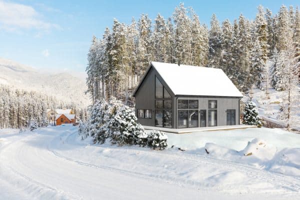 Kagedalen 99 loft Fritidshus Vinter Ladhus Byggsats Hus fran Jorntrahus scaled 1